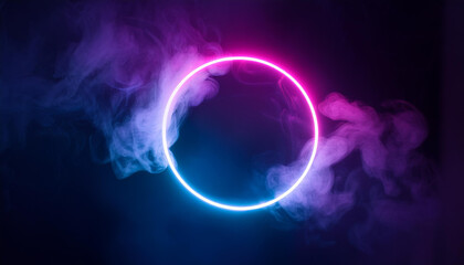 Obraz premium Glowing neon circle with swirling smoke on dark backdrop. Luminous energy ring. Modern design.