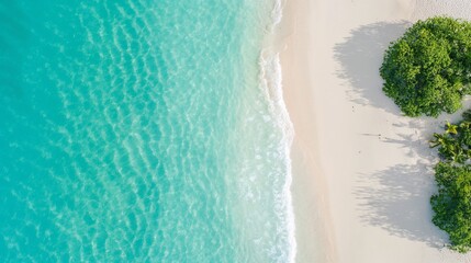 Azure Serenity: Pristine white sand kisses the vibrant turquoise waters in a breathtaking aerial view of a tropical paradise, inviting you to escape to its tranquil embrace. 