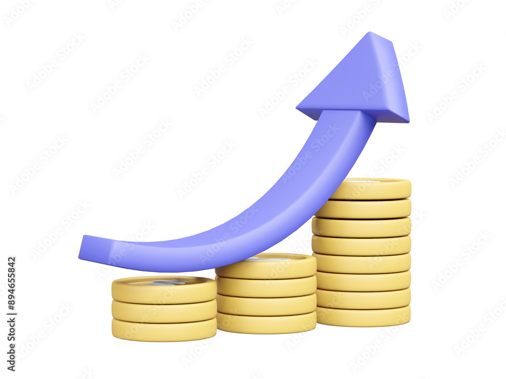 Poster 3d illustration of a pile of coins icon and an uptrend chart with arrows isolated on a transparent b