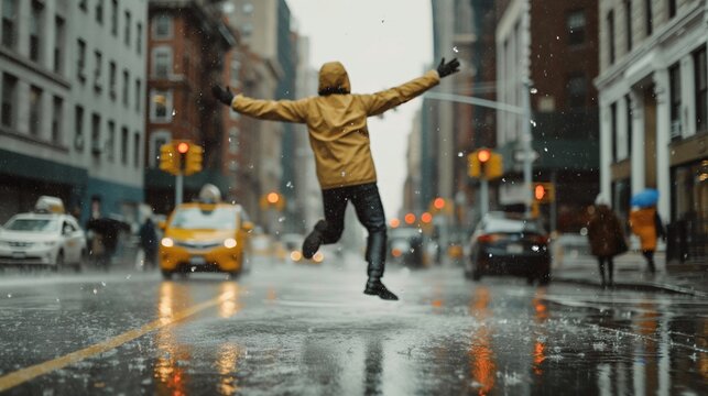Urban Rain Dance: A joyous soul in a yellow raincoat leaps across a puddle-filled New York City street, embracing the rain's symphony amidst the urban bustle.  