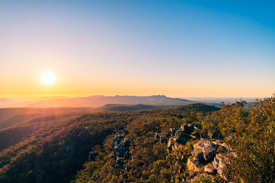 Grampians (Gariwerd) National Park viewed from the Reed Lookout during sunset, Victoria, Australia