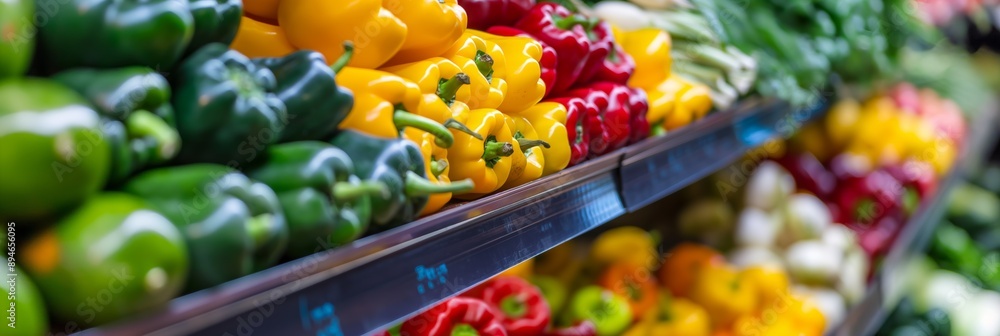 Poster a colorful display of peppers and other vegetables in a grocery store. the peppers are arranged in d