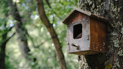 A wild bird nest box hung on a tree, providing a cozy habitat for birds in a natural setting.