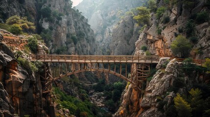 A wooden bridge spanning above a canyon in the Küre Mountains, Turkey, offering a breathtaking view of the rugged landscape.