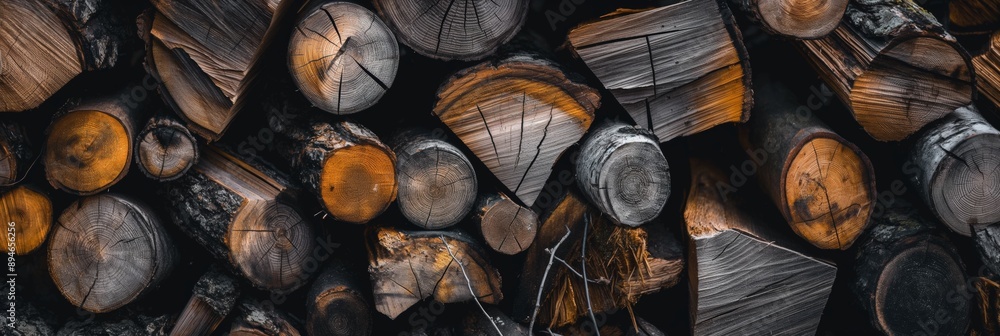 Poster a pile of wood logs with a brownish color. the logs are stacked in a way that they are not touching 