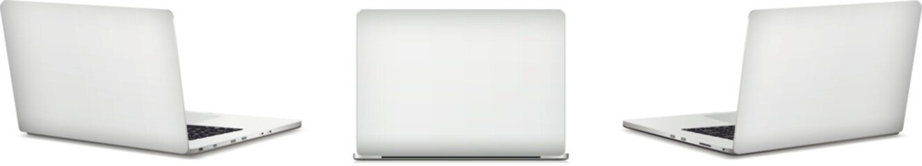 Back and side view of laptop computer isolated on white background