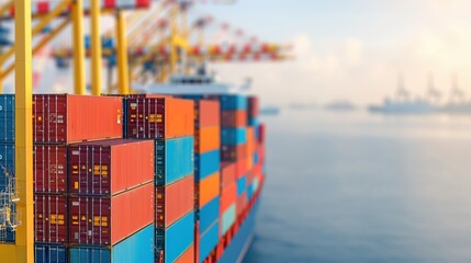 Fototapeta premium Aerial view of shipping port, cargo containers, silhouette with cranes