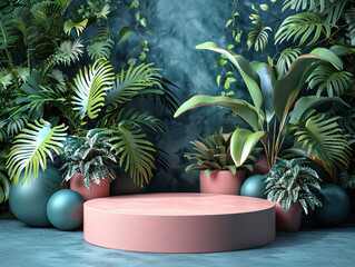 Wood tabletop podium floor in outdoors tropical garden forest blurred green leaf plant nature background.Natural product placement pedestal stand display,jungle paradise concept.