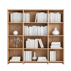A stylish wooden bookshelf filled with white books and decorative items, adding elegance to any modern interior.