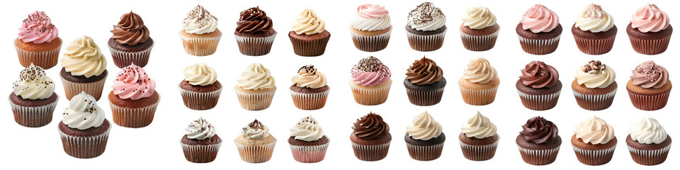 A variety of delicious cupcakes with creamy frosting in different flavors, perfect for dessert lovers and special occasions.