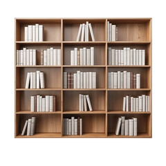 A modern wooden bookshelf filled with neatly arranged books of various sizes and colors, ideal for home or office decor.