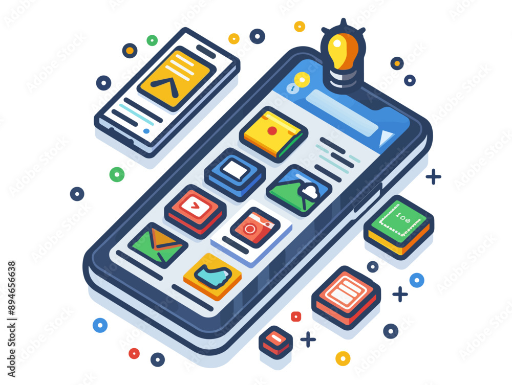 Poster smartphone with application icons. isometric illustration of smartphone with application icons for w