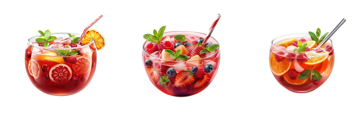 A colorful assortment of refreshing fruit cocktails in glass bowls, garnished with mint leaves, perfect for summer gatherings.