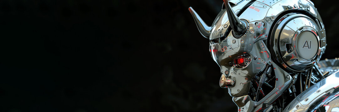 Robot devil with the inscription AI on his head. Self-learning artificial intelligence as a threat to humanity. Replacing people with robots with artificial brains. Format photo 3x1 with copy space.