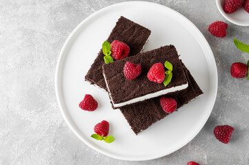 Chocolate cake with milk cream filling on a white plate with fresh raspberries and mint with bottles of milk. Delicious dessert. Copy space.