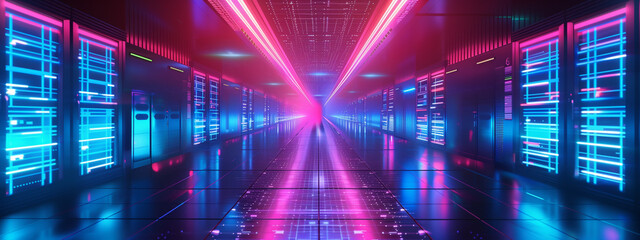 Server room in data center, data storage, blinking lights and humming servers.