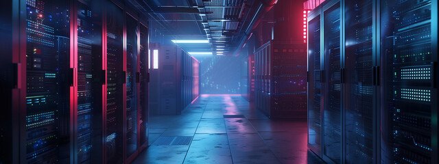Server room in data center, data storage, blinking lights and humming servers.