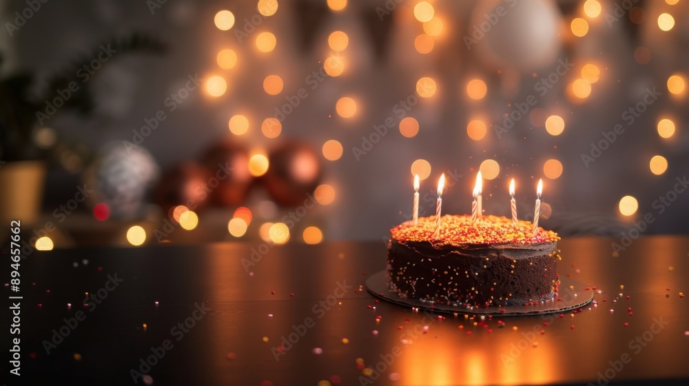 Poster a chocolate cake with lit candles sits on a table with a blurry background of festive lights.