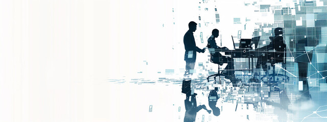 Shadowy monochrome business people in office navigate a labyrinth of data, their decisions shaping the future of enterprise. Sparse, white background. © Pink Badger