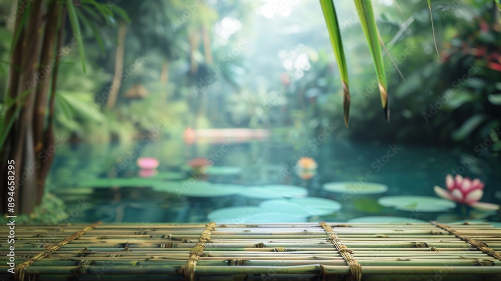 Poster A close-up of a bamboo mat placed on top of a pond with lily pads. The pond is surrounded by greenery and a few lily pads are visible.