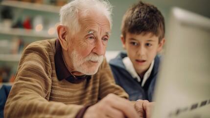 Generations United: A heartwarming image of a young boy and his grandfather, both engrossed in a computer screen, showcasing the intergenerational bond and the joy of learning together.  