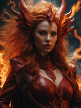 Striking Fiery She-Devil with Red Hair and Horns in a Dramatic Fantasy Scene