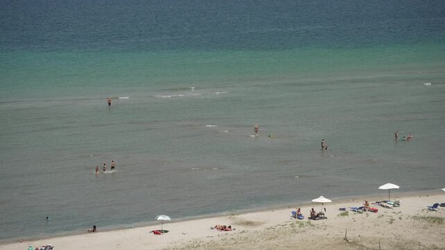 View of Paralia Kalamaki beach from elevated viewpoint, Kalami, Corfu, The Ionian Islands, Greek Islands, Greece
