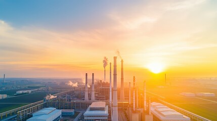 Aerial view of an industrial complex at sunset, sprawling factories with smoke stacks