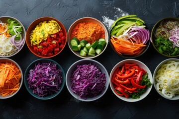 A colorful array of fresh vegetables such as peppers, cabbage, cucumbers, carrots, and onions, organized neatly in separate bowls, perfect for meal prepping and healthy eating.