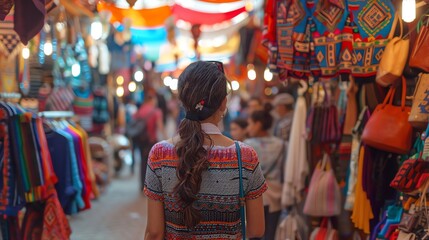 Obraz premium A woman walks through a crowded market with colourful stalls and hanging fabrics.