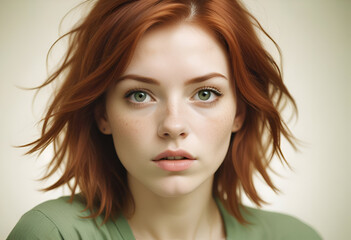 Fototapeta premium Beautiful girl with red hair and green jacket