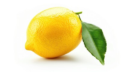 Single Lemon with Green Leaf on White Background