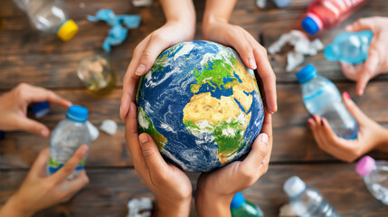 A globe made of recycled materials displayed on a wooden table, with people holding reusable items like water bottles and shopping bags around it, promoting sustainability and recycling