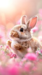 Fototapeta premium Happy Easter scene, rabbit with eggs, floral backdrop, selective focus, spring festival, vibrant, Double exposure, flower garden