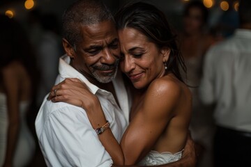 Fototapeta premium A content older couple is dancing closely at an indoor gathering, holding each other gently, embracing their bond and reveling in cherished moments of love, joy, and mature companionship.