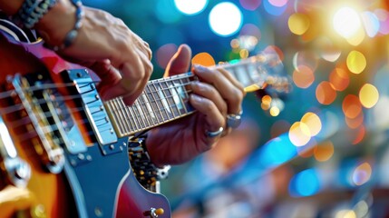 Obraz premium A man is playing a guitar in a dark room with a bright light shining on him
