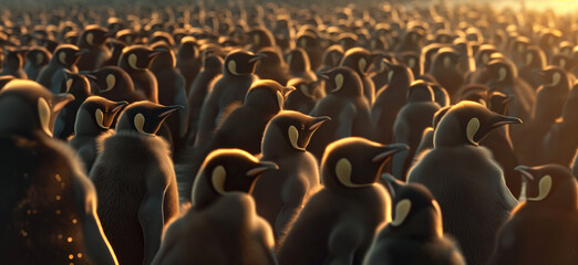 Obraz premium A large colony of emperor penguins huddling together in the golden light, creating a warm and cohesive scene