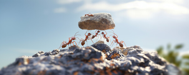 Realistic photo of a group of ants working together to lift a large rock, demonstrating teamwork and collaboration