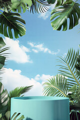 Obraz premium Turquoise podium surrounded by tropical leaves. Product display mockup with copy space.