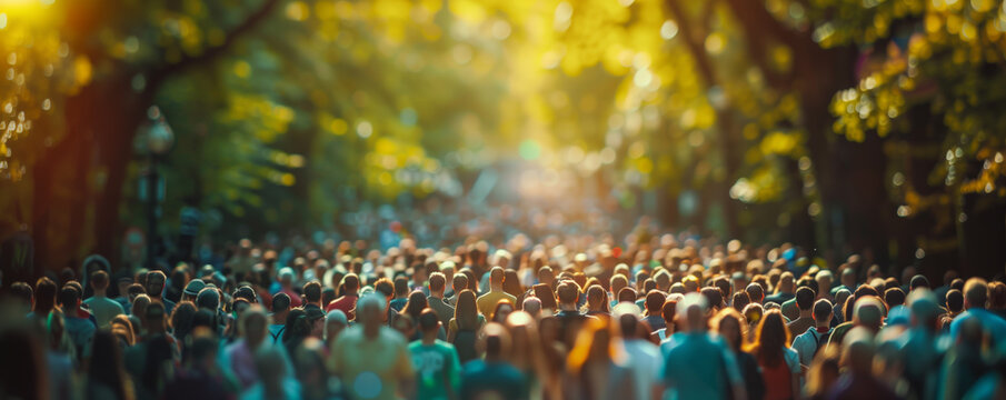 A large, diverse crowd walking down a tree-lined path, bathed in warm sunlight, symbolizing community, unity, opportunity, and hiring potential