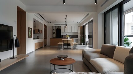 Fototapeta premium Modern living room with stylish furniture, open space, and large windows offering natural light, ideal for contemporary design aesthetics.