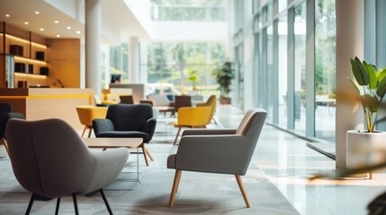 Fototapeta premium Modern lounge space with stylish chairs and natural light, perfect for relaxation and social gatherings.