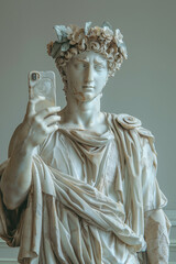 Ancient old Greek God statue, man using smartphone or taking selfie on phone, concept of vintage art

