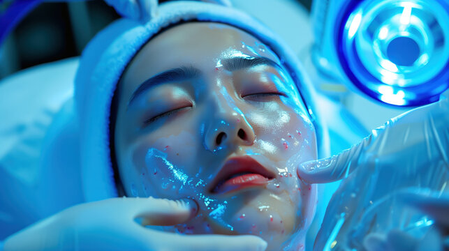 South Korean Woman in Medical Clinic Getting Dapsone Gel for Severe Acne Treatment