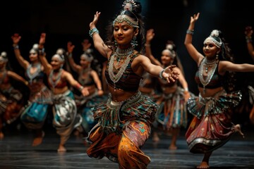 Fototapeta premium A group of women dressed in traditional attire perform an intricately choreographed dance, reflecting cultural heritage and unity, with energetic and vibrant movements.