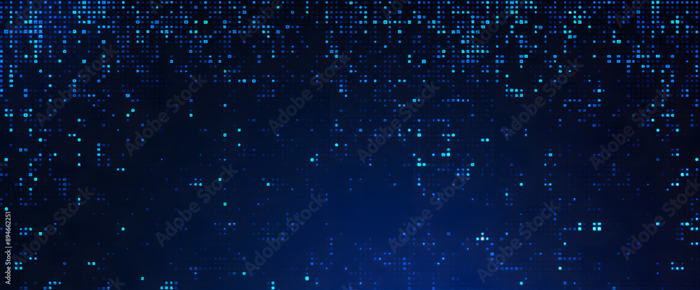 Poster Dark background with blue pixel pattern. Vector illustration of abstract bg with geometric square elements grid. digital backdrop with dissolve rectangle dot particle mosaic gradient texture.
