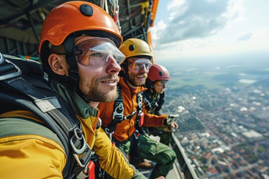 A group of skydivers in suits and helmets, sitting together and preparing for a jump from an airplane, showcasing teamwork, camaraderie, and the excitement of skydiving.