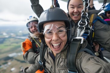 A group of friends skydiving together, sharing the exhilarating outdoor adventure, with wide smiles under protective goggles, against a stunning aerial landscape.