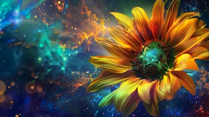 Surreal Sunflower with Cosmic Background