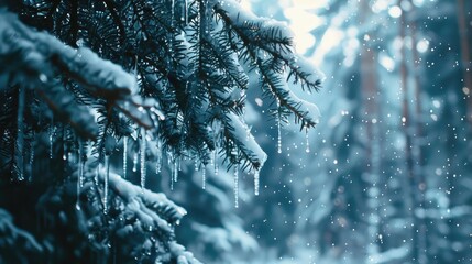 Fir tree branches with melting snow and icicles in a winter forest